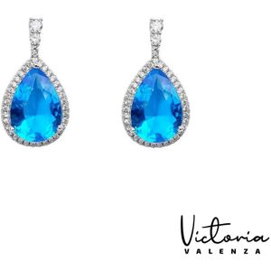 Victoria Valenza Cologne Luxe Oorbellen Dames Messing Oorhangers Dames Oorringen - Blauwe Steen - Kleur Zilver - 1 Paar