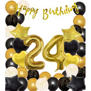 Snoes Ballonnen 24 Jaar Black Gold Dots Mega Ballon - Compleet Feestpakket Goud Zwart Stippen Cijferballon 24 - Verjaardag Versiering DIY Slinger Happy Birthday – Folieballon – Latex Ballonnen - Helium Ballonnen