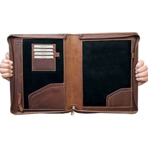 Handgemaakte Lederen schrijfmap A4 - Zakelijke portfolio Laptop tot 14"" - A4 conferentiemap voor de veeleisende gebruiker- schrijfmap van tijdloze elegantie -Hoogste kwaliteit leren map met ritssluiting - Cadeautje voor hem