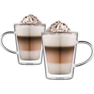 Latte Macchiato glazen, 300 ml, dubbelwandige glazen, set koffieglazen van borosilicaatglas, theekopjes met handvat, cappuccino kopjes voor koude en warme dranken, 10,8 x 6,5 cm