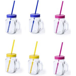 6x stuks Glazen Mason Jar drinkbekers met dop en rietje 500 ml - 2x geel/2x blauw/2x roze - afsluitbaar/niet lekken/fruit shakes