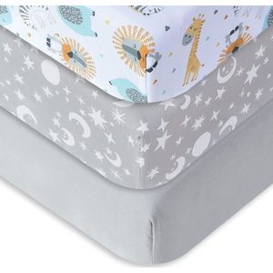 Luvetrex ® Hoeslaken voor babybedjes ledikant 70 x 140 cm, 100% microvezel, Oeko-Tex Standard 100 gecertificeerd, 3 stuks, grijs, sterrenhemel, dierdier + ster + grijs