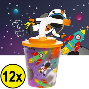 Decopatent® 12 STUKS RUIMTE / SPACE 3D Drink Beker met Rietje en Deksel - 250ML - Ruimtevaart Plastic Bekers - Kinderfeestje - Kinderverjaardag Bekertjes - Traktatie - Uitdeelcadeaus