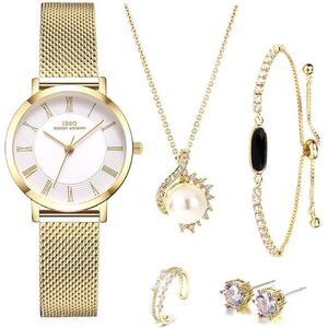 Gouden Horloge, Ring , Armband, oorbellen en Ketting | SMAEL G011| Boerni Aibisino  | Goud luxe geschenk set luxe geschenk set | Crystal glass | Premium kwaliteit uurwerk Quartz| Mineraal | Geschenk | Fashion | Elegant | Dames | Vrouw | Black Friday
