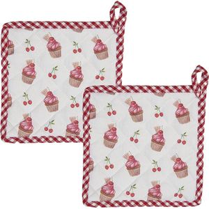 HAES DECO - Set van 2 Pannenlappen - formaat 20x20 cm - kleuren Wit / Rood / Roze - van 100% Katoen - Collectie: Cherry Cupcake - Pannenlap