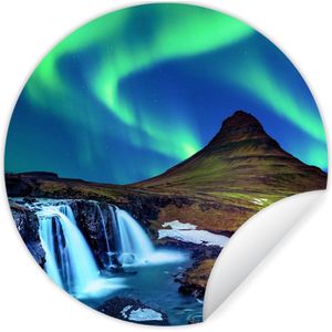 Behangcirkel - Noorderlicht - Sterrenhemel - IJsland - Berg - Groen - Zelfklevend behang - 100x100 cm - Rond behang - Behang zelfklevend - Behang cirkel - Behangsticker