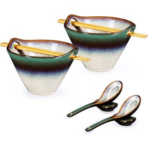 Ramen Bowl keramische komset 600 ml - set van 2 soepkommen - noedels eetstokjes lepel - Japans servies - Aziatische levensmiddelen - gradient groen