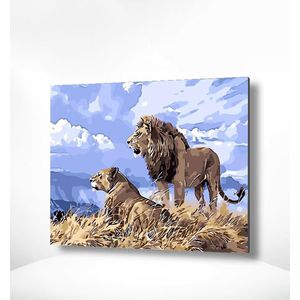 Painting Expert® Schilderen op nummer Volwassenen - Schilderen op nummer Kinderen - Leeuwen Blauwe Lucht - 40x50cm - Exclusief Lijst (24 kleurtjes)