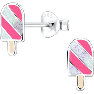 Joy|S - Zilveren ijsje oorbellen - ijslollie roze glitter wit