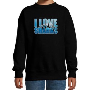 Tekst sweater I love sharks met dieren foto van een haai zwart voor kinderen - cadeau trui haaien liefhebber - kinderkleding / kleding 134/146