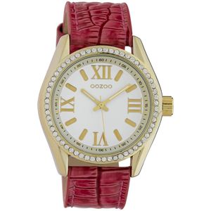 OOZOO Timepieces - Goudkleurige horloge met fuchsia leren band - C10227