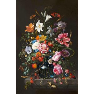Vaas met Bloemen op Textiel in zwart Frame - WallCatcher | 120 x 80 cm | Jan Davidsz. de Heem | Ware Meester aan de muur!