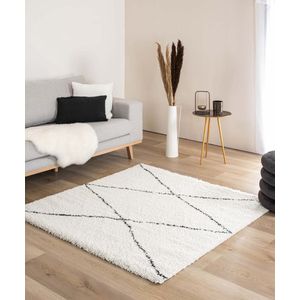 Vierkant hoogpolig vloerkleed ruit Artisan - wit/zwart 100x100 cm