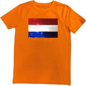 Dames Slim fit T-shirt Nederlandse vlag met magic sequence | koningsdag kleding| Holland | EK-WK-Olympische Spelen | Oranje | maat XL