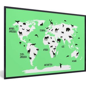 Wereldkaart Kinderen - Dieren - Mintgroen - Schoolplaat - Kinderkamer - 90x60 cm