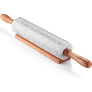 Witte marmeren deegroller 10 inch met houten handvat en houder basisstandaard voor het bakken van gebak - Deegroller voor pizzadeeg, fondant, koekjes en meer pasta roller