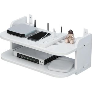 Floating Shelves White Wall Hanging Under TV Shelf 30 x 20 x 15cm Free Punch DVD Player Storage Box Game Console Rack for Living Room Bedroom with Wifi Router