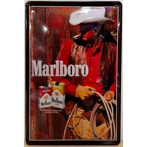 Marlboro sigaretten Cowboy Lasso Reclamebord van metaal 30 x 20 cm GEBOLD BORD MET RELIEF METALEN-WANDBORD - MUURPLAAT - VINTAGE - RETRO - HORECA- WANDDECORATIE -TEKSTBORD - DECORATIEBORD - RECLAMEPLAAT - WANDPLAAT - NOSTALGIE -CAFE- BAR -MANCAVE
