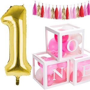 Party pakket eerste verjaardag met ballonbox met ballonnen, tassel slinger en folie ballon 1 wit, roze en goud - cakesmash - 1 - verjaardag