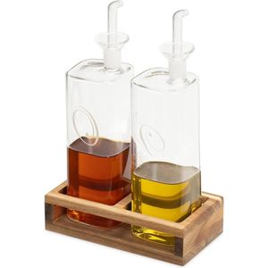 Oil and Vinegar Bottle Set with Spout - Refillable Glass Bottles - Oil and Vinegar Dispenser - Wooden Holder