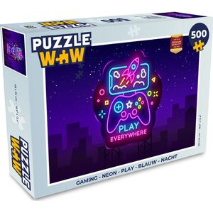 Puzzel Gaming - Neon - Play - Blauw - Nacht - Controller - Legpuzzel - Puzzel 500 stukjes