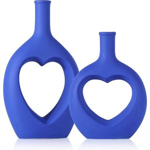Blauwe keramische vaas set van 2, blauwe holle hartvormige vazen voor decor, keramische vazen voor woondecoratie, woonkamer, kamer, boekenplank, schoorsteenmantel, centerpieces decor