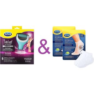 Scholl Velvet Smooth Voetvijl Wet & Dry oplaadbaar + 2 Stuks Scholl Voedend Voet Pedimask - Eeltsokken-Scholl - Eeltvijl - Eelt sokken - Scholl Velvet Verwijdert op een effectieve en gemakkelijke manier, Pedimask biedt zijdezachte voeten in 20 minute