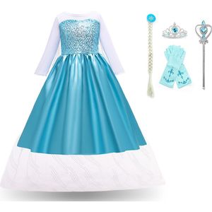 Joya Kids® Blauwe Prinsessenjurk Meisje | Elsa Verkleed Jurk | Verkleedkleding | Prinsessen Speelgoed | Prinsessen Accessoire Set met Kroon Handschoenen Vlecht & Toverstaf | Carnavalskleding | Cadeau meisje Sinterklaas | Maat 128/134 (140)