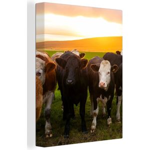 Canvas - Koeien - Stier - Dieren - Gebergte - Zonsondergang - 30x40 cm - Zwart-wit - Kamer decoratie