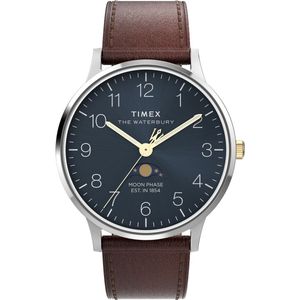 Timex Waterbury Classic Moon Phase TW2W75600 Horloge - Leer - Bruin - Ø 40 mm