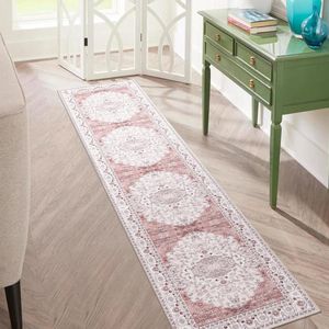 Loper tapijt 60 x 300 cm, antislip, lang keukentapijt, wasbaar, dun tapijt, bloeiend medaillon, tapijt voor woonkamer, slaapkamer, keuken (roze)