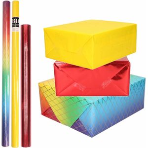 9x Rollen kraft inpakpapier regenboog pakket - regenboog/metallic rood/geel 200 x 70/50 cm - cadeau/verzendpapier