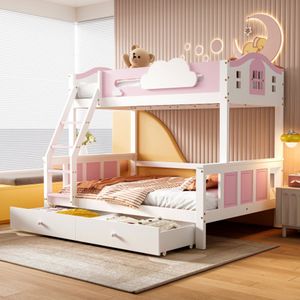 Stapelbed, kinderbed, met kleur contrasterend veiligheidshek, met raam, met wolkendecoratie, met vier treden schuine ladder en laden, grenen+MDF, wit+roze, 90x200cm&120x200cm