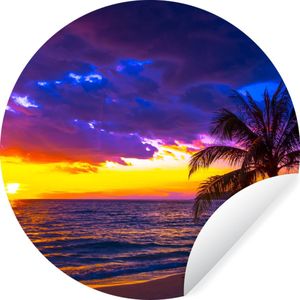 WallCircle - Behangcirkel - Zonsondergang - Paars - Zee - Palmboom - Zelfklevend behang - 80x80 cm - Behang zelfklevend - Behang rond - Behang cirkel