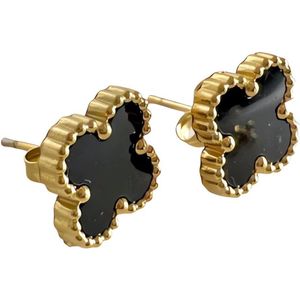 Aurélia Luxe Klaver Oorbellen - Goudkleurig Zwart Goud - minimalistisch earrings -bloemetje -2 stuks klavertje vier - roestvrijstaal