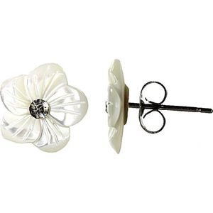 Parelmoeren oorbellen Big Flower Bling - wit - 12 mm - oorknoppen - parelmoer - edelstaal - bloem - stras steentje