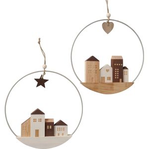 Boltze Home Decoratieve hanger Oscar met houten huisjes in metalen ring dia 25cm