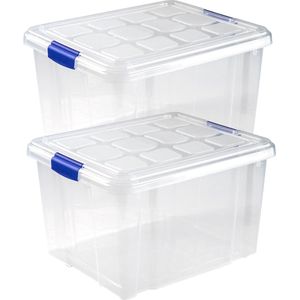 2x stuks opslagboxen/bakken/organizers met deksel 25 liter van 42 x 36 x 25 cm transparant plastic