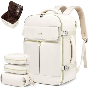 Reisrugzak voor dames, grote 40 liter, handbagage, rugzak, vliegtuig, reisrugzak met 17 inch laptopvak, waterdichte kofferrugzak, draagtas, dagrugzak voor reizen, beige