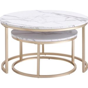 Moderne Salontafel – Koffietafel – Set van 2 – Bijzettafel – Marmer Look – Rond – Luxe Design – Wit/Goud