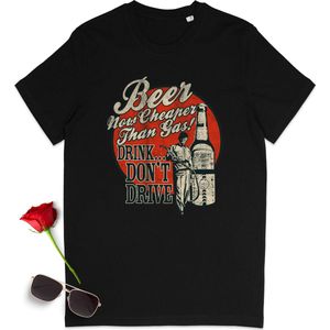 Grappig t shirt met bier quote: Beer now cheaper than Gas! - Dames en heren tshirt - t-shirt mannen, vrouwen met print - Unisex maten: S t/m 3XL - Shirt kleuren: zwart, Frenche Navy en anthracite.