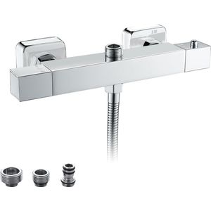 Douchethermostaat met 2 uitlaten voor douchesysteem, opbouwdouchekraan met 38 °C veiligheidsknop en messing mengventiel, bovenste douchestrop, grootte van de verbinding G3/4"", G1/2"", diameter