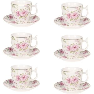 HAES DECO - Kop en Schotel set van 6 - inhoud 60 ml - kleuren Wit / Roze - Bedrukt Porselein met Bloemen - Theeservies, Koffieservies, Theekoppen, Koffiekoppen, Cappuccino