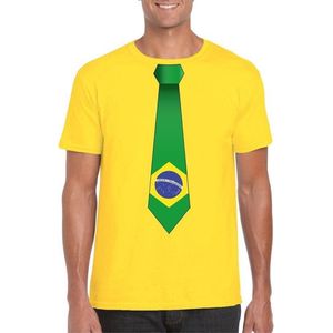 Geel t-shirt met Braziliaanse vlag stropdas heren - Brazilie fan supporter S