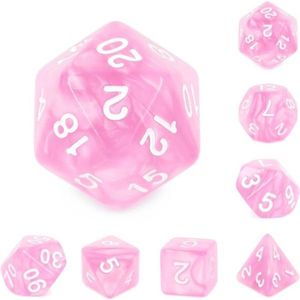 Polyset Dice | Dobbelstenen - Set Van 7 Stuks - Marmer Roze en Wit | Polydice | Voor D&D en Andere Rollenspellen | Plastic Dobbelstenen Set voor Dungeons and Dragons | Polyhedral Dice Set | Met Mooie Zwarte Velvet Dice Bag voor Ongeveer 3 Sets