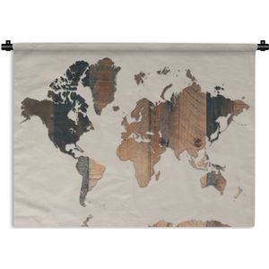 Wandkleed - Wanddoek - Wereldkaart - Hout - Plank - 90x67.5 cm - Wandtapijt