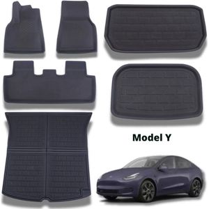 AIM 6-delige vloermatten voor Tesla Model Y 2020 t/m 2025 – Duurzame XPE All-Weather matten, anti-slip, waterdicht, 3D-pasvorm, inclusief kofferbakmat
