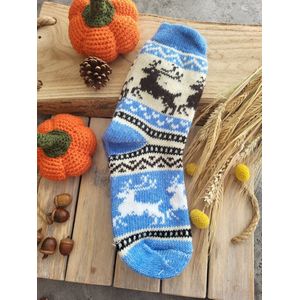 Warme 100% wol sokken Herten op blauw maat EU 38-40