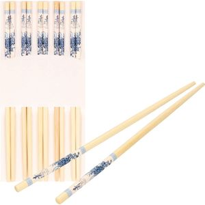 Concorde Sushi eetstokjes - 5x setjes - bamboe hout - blauwe print - 24 cm