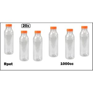 20x Flesje helder 1000cc met oranje dop- vernieuwd - gerecycled PET drinken jus sinas cola sappen dranken